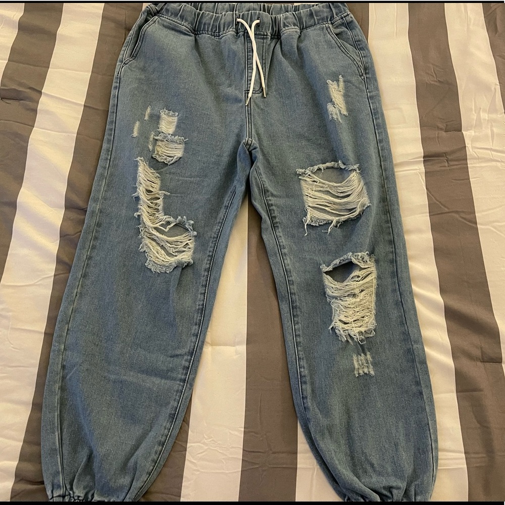 Plus Drawstring Waist Ripped Jeans